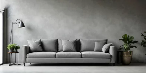 Poster grey sofa with terra cotta pillows against black wall with shelves and posters © MDSAYDUL