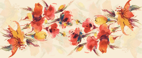 effect background, watercolor yellow red color flowers, scarf shawl pattern design