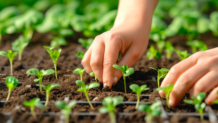 Hands of a man planting sprouts of vegetables in the greenhouse.