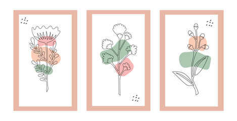Set of posters with plants drawn in one line. Illustration of flowers in a continuous line