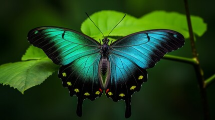 A butterfly with a green body and yellow spots is sitting on a leaf