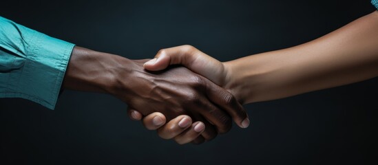 An event where a man and a woman are shaking hands, their fingers interlocked and thumbs pressing together. The womans electric blue nail art contrasts against the mans wrist and human leg