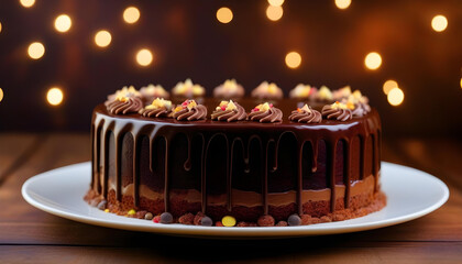 Closeup of chocolate cake decorated with chocolate sauce on the rustic wooden background