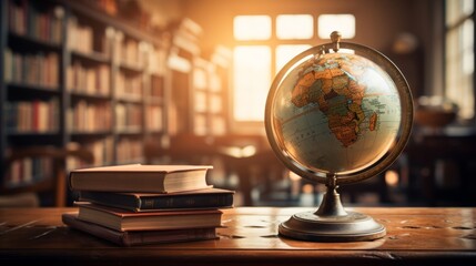 Global education concept. globe surrounded by books from different cultures on blurred background