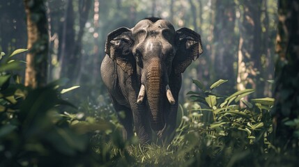 Fototapeta premium a majestic wild elephant walking through the lush forest capturing the essence of nature and wildlife