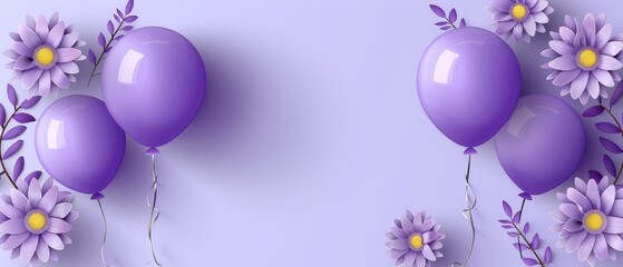   Group of purple balloons with daisies on a purple background adorned with daisies at the bottom