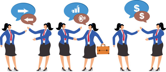 Discussions, conversations and communications, working together, team meetings, brainstorming, coworker chats, isometric businesswomen standing around and chatting.