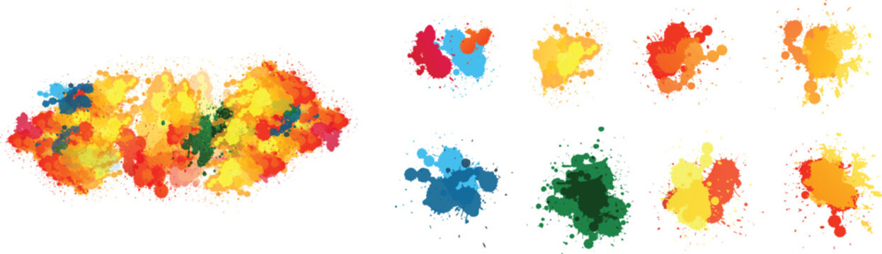  Color paint splatter. Spray paint blot element. Colorful ink stains mess. Watercolor spots in raw, splashes