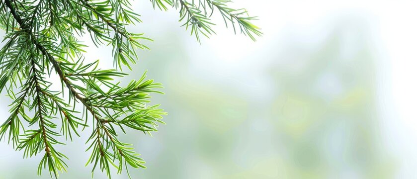   A high-resolution image captures a detailed view of a pine tree's branch, while the hazy backdrop showcases lush greenery