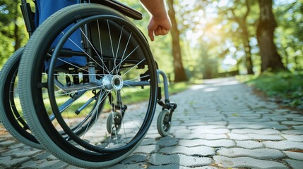 male hand on wheel of wheelchair closeup, walking in park, mobility aid for independence and health, outdoor exercise and nature therapy