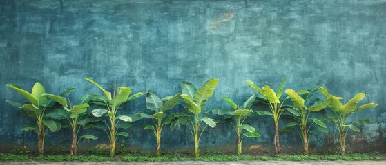  Row of banana trees in front of blue wall with green plant in center - obrazy, fototapety, plakaty