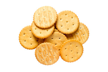 Pile of crackers isolated on white background. Lots of cookies top view. Round biscuits.