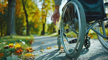 male hand closeup on wheelchair wheel, walking in park, assistive mobility device for independence, health and fitness in nature