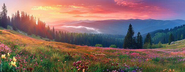 Beautiful panoramic view of a colorful green meadow with flowers and a forest in mountains at sunrise in the Carpathian mountain range - obrazy, fototapety, plakaty