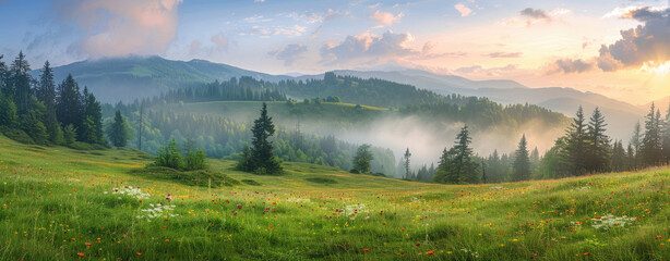 Beautiful panoramic view of a colorful green meadow with flowers and a forest in mountains at sunrise in the Carpathian mountain range