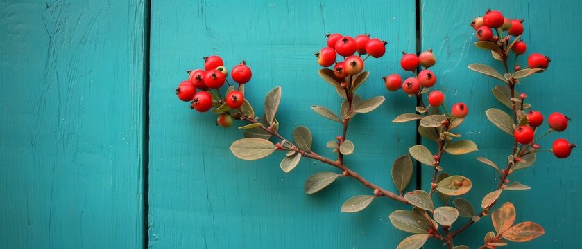   Teal-painted wall with leaves and berries, featuring a branch adorned with red fruit