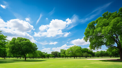 Landscape shot of a park with green tree branches in the foreground under the blue cloudy sky 