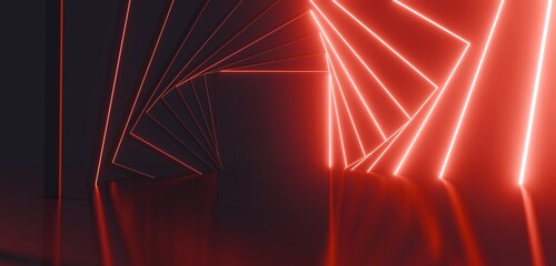 Abstract geometric pattern of glowing red neon squares in dark background 3d rendering