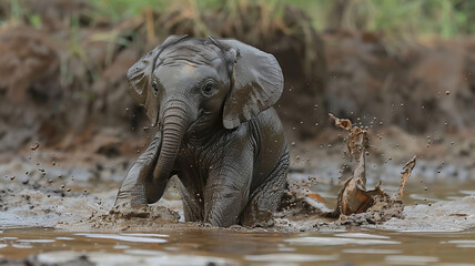 Fototapeta premium Humor. A funny clumsy little elephant. 