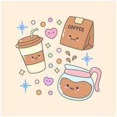 tea coffee beverages pitcher cup bean with cute facial expressions and pastel colour