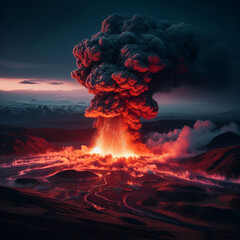 Volcanic eruption on the background of the mountains. - obrazy, fototapety, plakaty