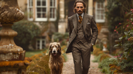 A rich man walks his dog on the estate