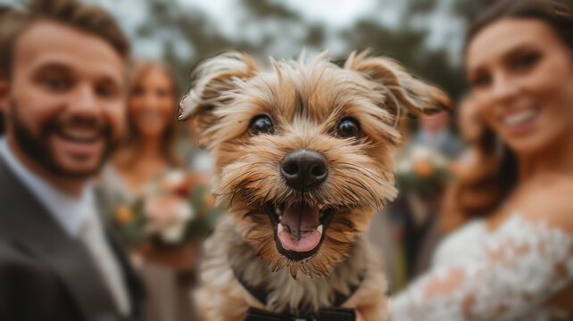 Humor. Dog is the main character of wedding photos. 