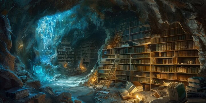 An ancient library filled with magical books, glowing orbs, and mystical artifacts. Shelves reach up to a high, vaulted ceiling, with soft light filtering through stained glass windows. Resplendent.