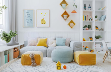 White wall in a children's room with wooden furniture, pastel yellow and blue decorations, bookshelves, toys and posters of rainbows hanging on the white walls