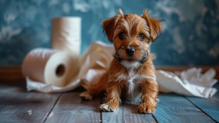Humor. The little puppy tore up the toilet paper. 