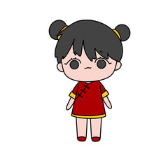 A cartoon girl in a red dress with yellow trim