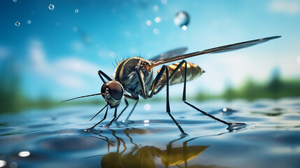 Mosquito on shiny water surface 