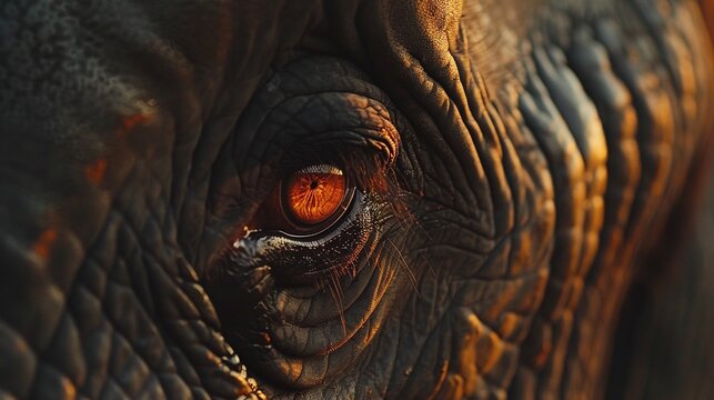 closeup of a wild male elephant eye in macro with detailed skin and majestic stare