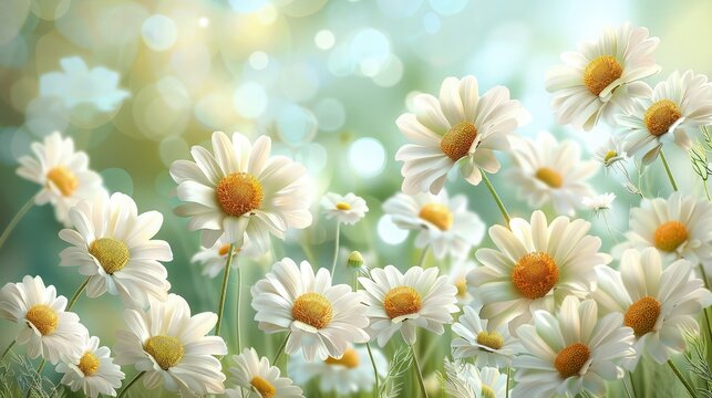A charming garden scene adorned with a carpet of white daisies, their cheerful blooms swaying gently in the breeze. 