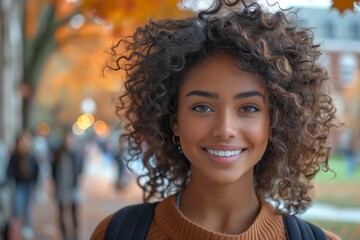 A woman with black curly hair is smiling for the camera, showcasing her beautiful ringlets. Her jheri curl is a fashion accessory at the event, making her look happy and stylish