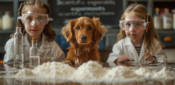 Humor. Children with a dog doing chemical experiments. 