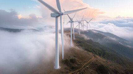 Majestic Wind Turbines: Harnessing Clean Energy on Rolling Hills - obrazy, fototapety, plakaty