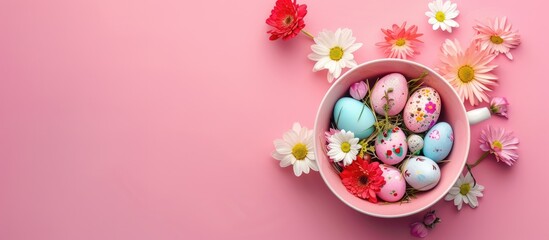 Easter egg and spring flowers placed in a teacup on a vibrant pink background, forming a unique Easter holiday theme. Simple yet creative greeting card design with space for text.