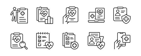 medical record health diagnosis report icon set hospital medical check-up analysis information clipboard vector line illustration