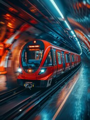 Red tube train in motion, captured perspective of someone standing on one side as it passes....