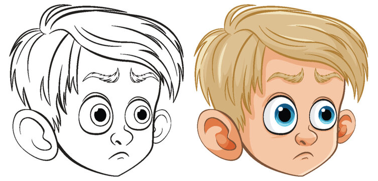 Two illustrations of a boy's face, one colored, one line art.