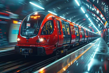 Foto op Plexiglas Red tube train in motion, captured perspective of someone standing on one side as it passes. Background is blur with streaks and lines representing speed and movement. © Surachetsh