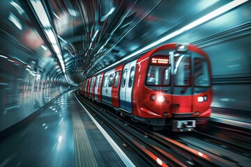 Red tube train in motion, captured perspective of someone standing on one side as it passes. Background is blur with streaks and lines representing speed and movement. - obrazy, fototapety, plakaty