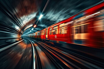 Fototapeta na wymiar Red tube train in motion, captured perspective of someone standing on one side as it passes. Background is blur with streaks and lines representing speed and movement.