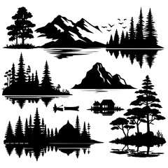 silhouette illustration of mountain and lake landscape
