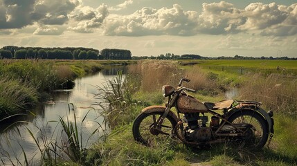 A old bike in the field at the edge of canal.