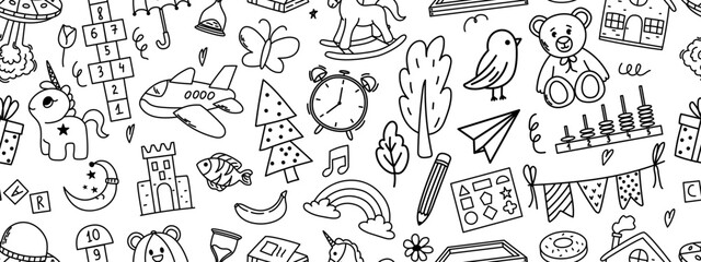 Seamless pattern with daycare doodle. Hopscotch, toys, flower, umbrella, house, book and other elements. - obrazy, fototapety, plakaty