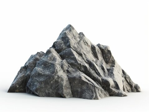 Realistic mountain rock formation isolated on a white background with detailed textures.