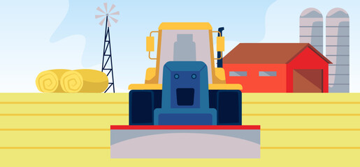 Naklejka premium Agriculture and farming, vector cartoon bulldozer tractor, grader on rural landscape, farm machinery working on field