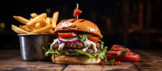 Fast food composed of a hamburger and French fries served on a wooden table. Ingredients include...